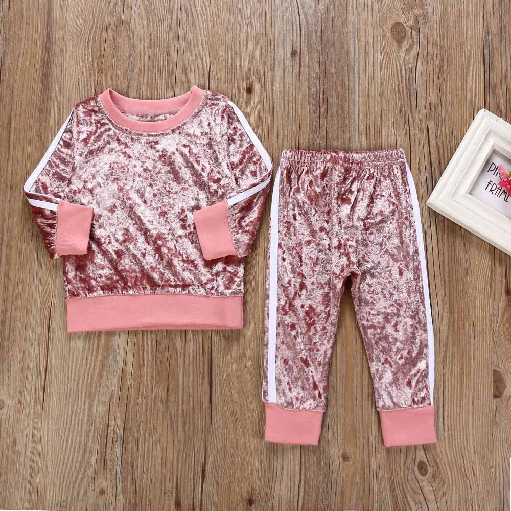

New Children's Clothing Girl Long Sleeve O-neck Clothes Set Solid Tops+Pants Outfits Kid Autumn Winter Suit E070