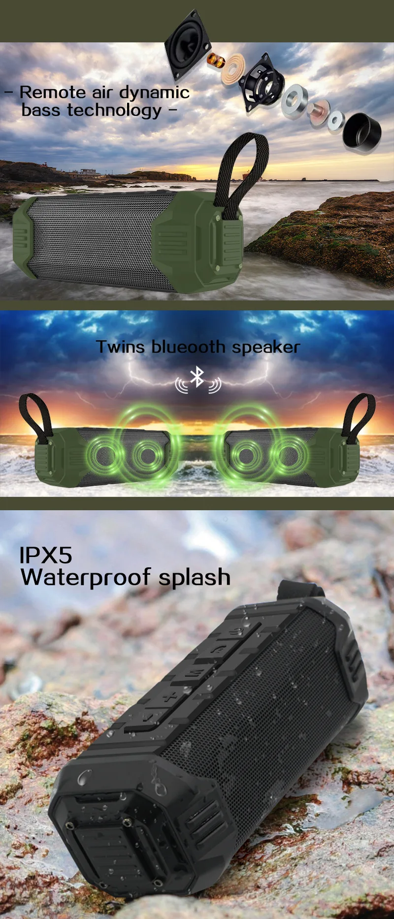 Bluetooth Speaker Waterproof Wireless Speaker with Mic Handsfree+ 4000mAh Power Bank Outdoor Stereo Speaker Support TF Card AUX
