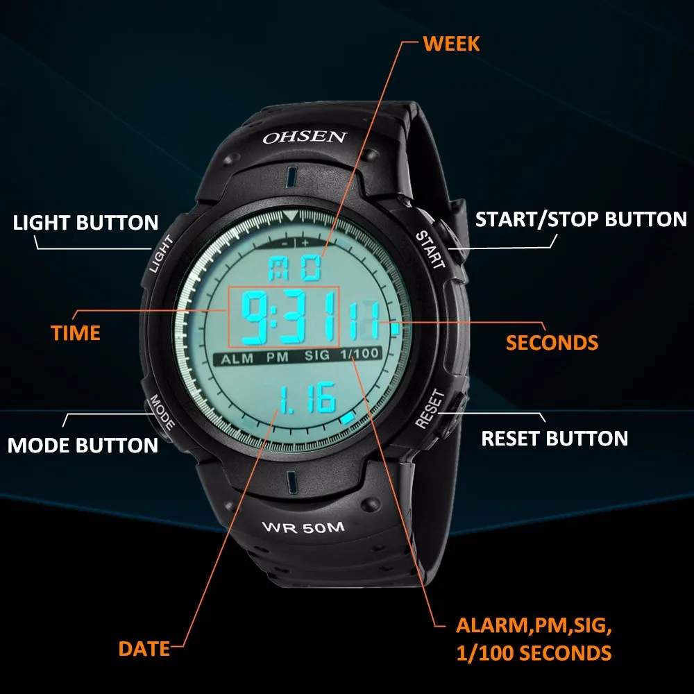 Модные цифровые часы OHSEN, мужские наручные часы, зеленый резиновый ремешок, будильник, дата, ЖК-дисплей, 50 м, спортивные мужские крутые часы, часы для мужчин, подарок