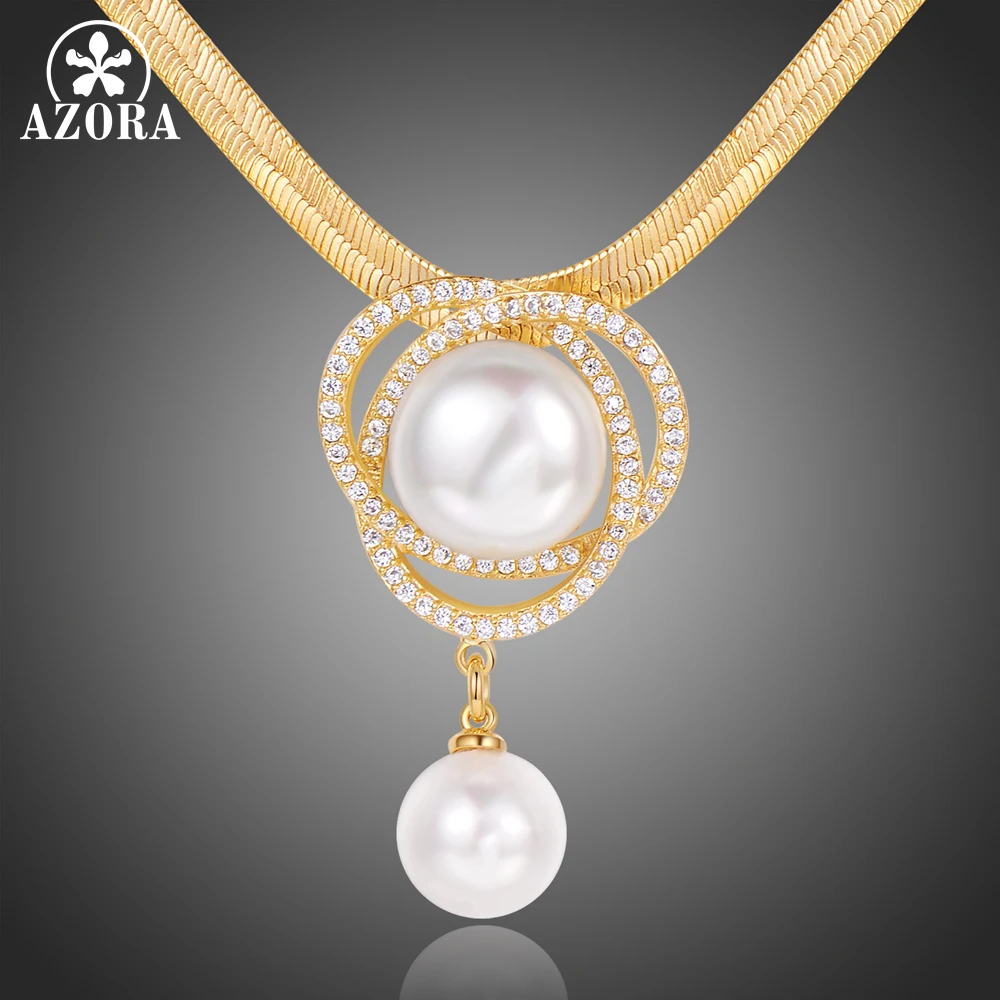 

AZORA Luxury Pearl Flower Necklaces & Pendants Prong Setting AAA Clear Cubic Zircon Charm Necklace Party Wedding Jewelry TN0261