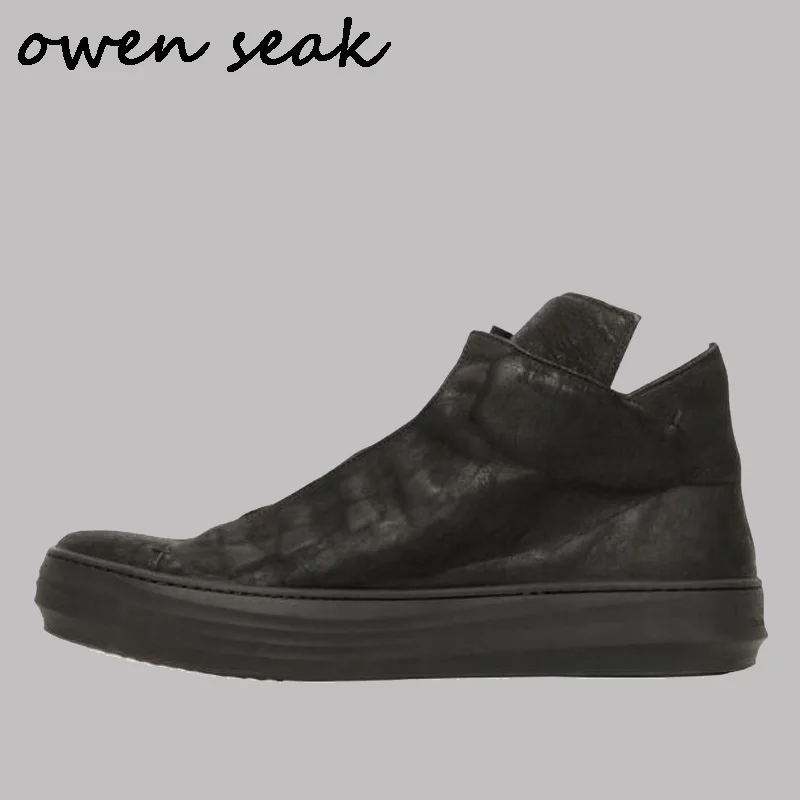 

Owen Seak Men Shoes High-TOP Ankle Boots Genuine Leather Sneaker Luxury Trainers Villus Boots Casual Lace-up Flat Black Shoes