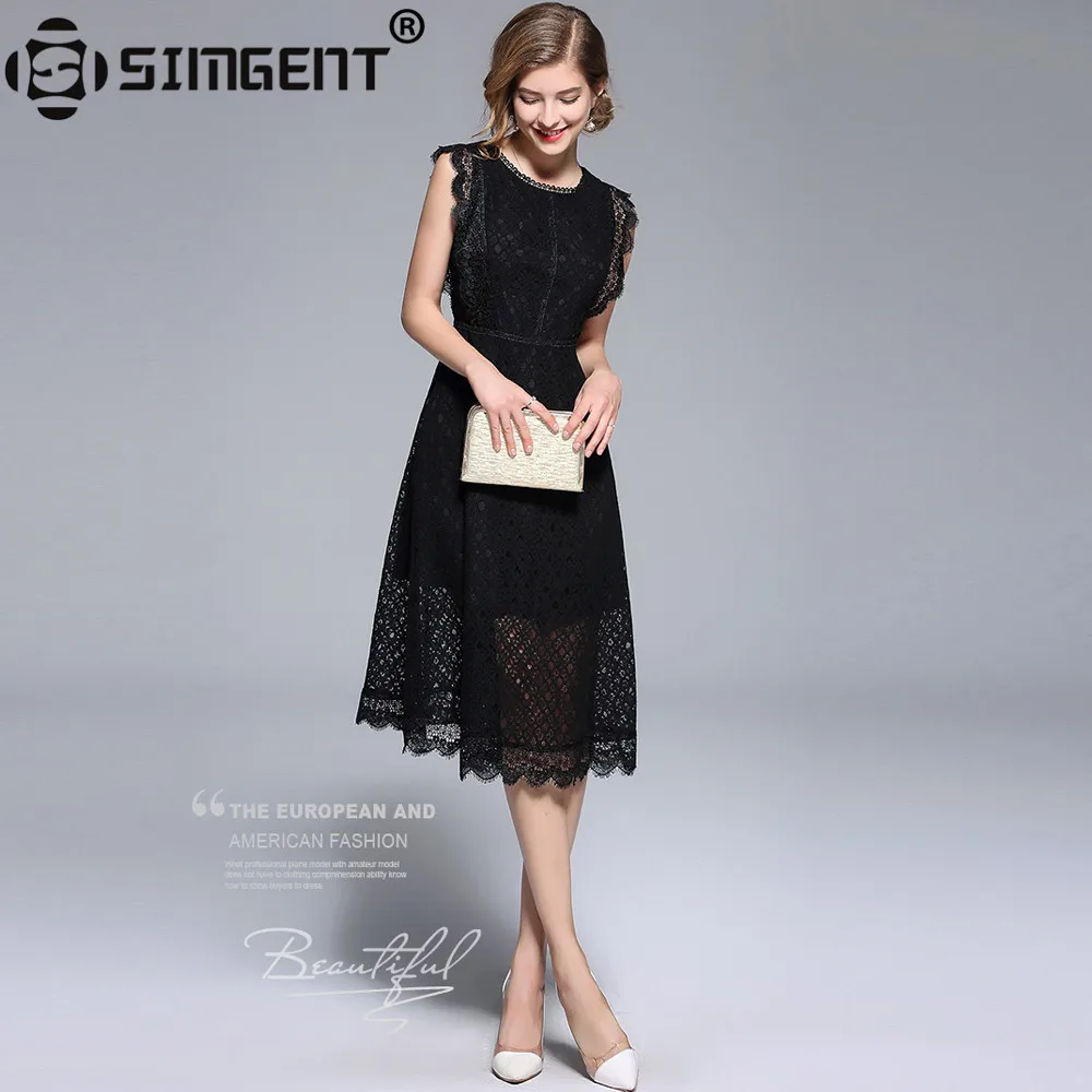 

Simgent Women Elegant Mesh Patchwork Black Lace Dress Autumn O-Neck Sleeveless Lady Party Dress Vestidos Robe Dentelle SG87183