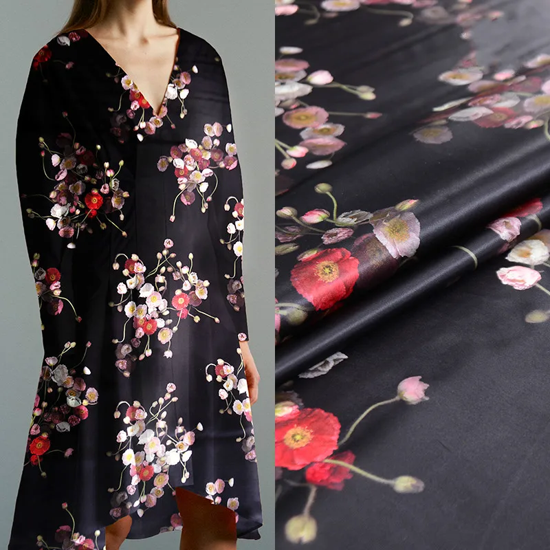 

108 wide 12mm small floral silk organza satin high-end silhouette satin digital printing silk cloth black women's fashion