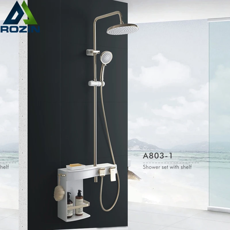 

White Golden Shower System Rainfall Shower Faucet Storage Holder Commodity Shelf with Guard Bathroom Shower Mixer Faucet Set