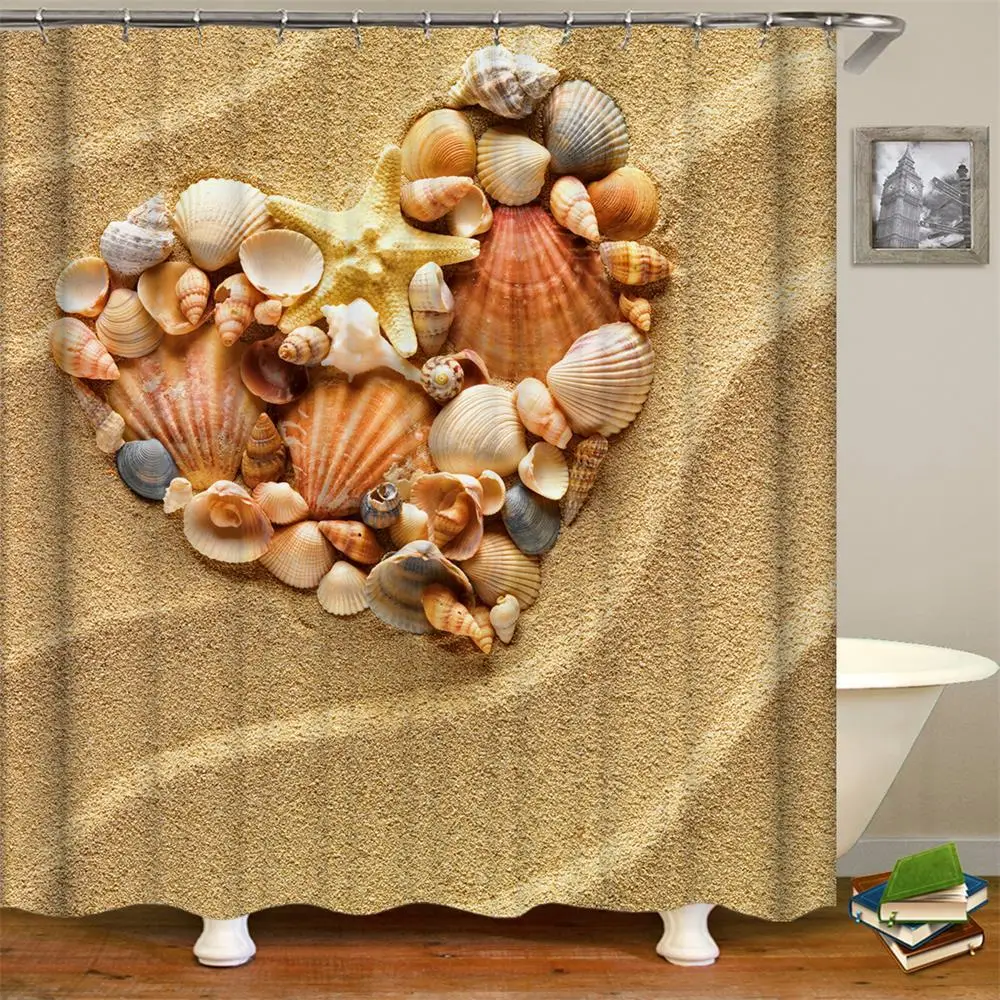 

Beige Shower Curtain Nautical Beach Tropical Hawaiian Seashells Seaside Sea Stars Sand Theme Art Print Fabric Bathroom Curtains