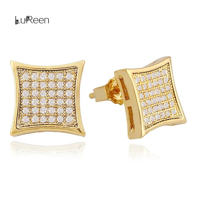 Lureen Hip Hop Gold Silver Earrings Men Rhinestone Micro Pave Cz Lureen Hip Hop Gold Silver Earrings Men Rhinestone Micro Pave Cz Square Shape Stud For Women Jewelry Gifts Wgeh1001