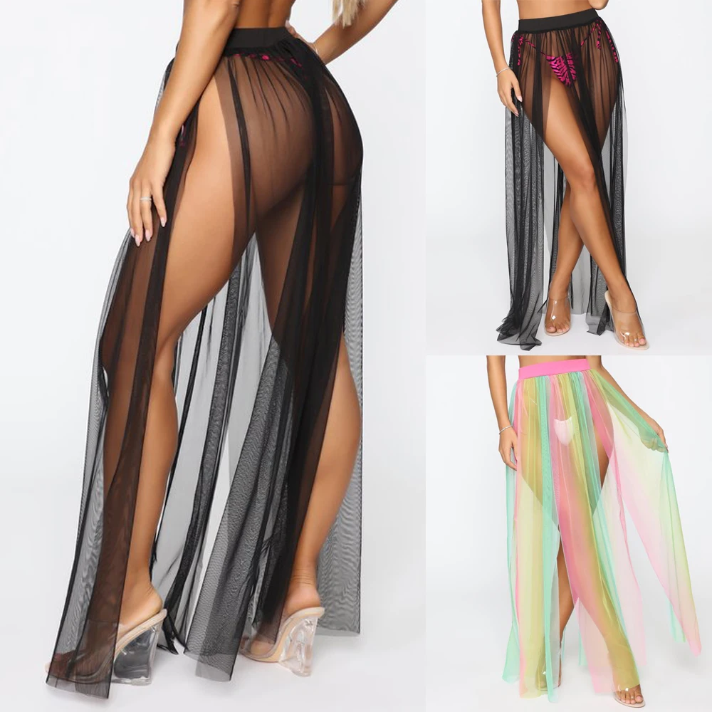 swim suit cover New Style Women Swimwear Bikini Cover Up Sheer Beach Skirt Sarong Pareo Beachwear Solid See Through High Waist Fashion Hot 2019 bathing suit and cover up set