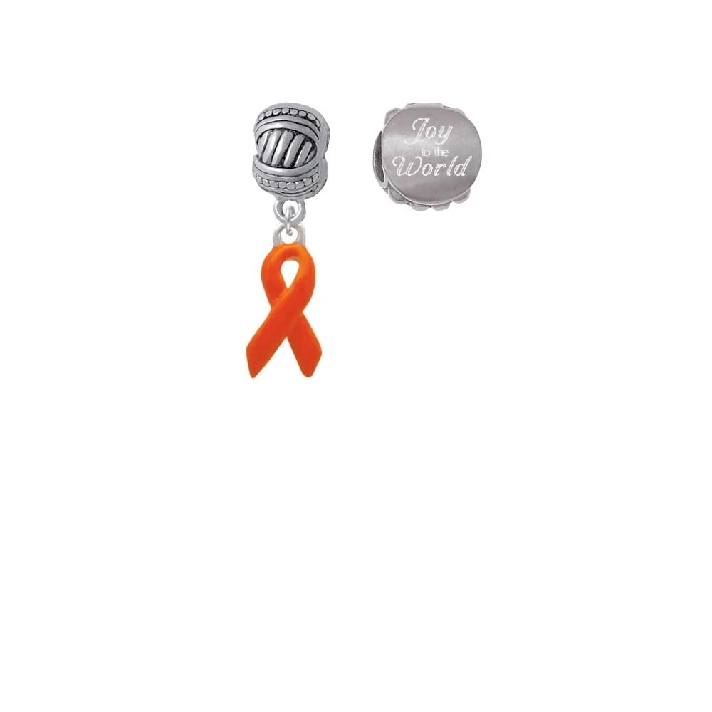 Silvertone Orange Ribbon Joy to the World Charm Beads (Set of 2)