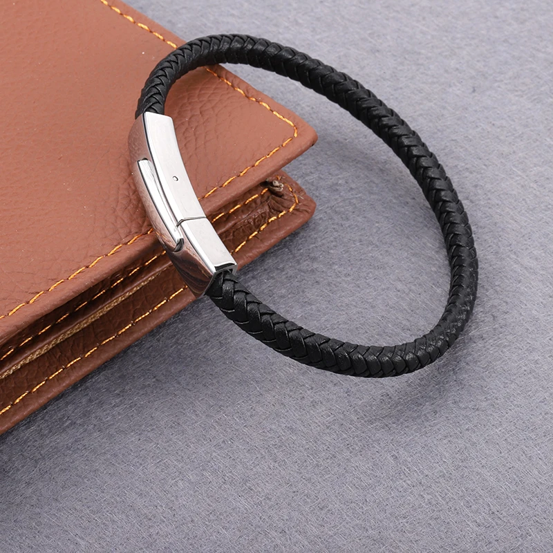 

Singreal Black Genuine Leather Bracelet for Men Jewelry Silver Stainless Steel Magnetic Buckle Punk Bangles Male Gifts for Men