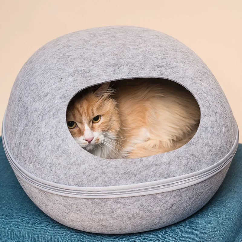 

Cat Bed Cave Sleeping Bag Zipper Egg Shape Felt Cloth Pet House With Cushion Nest Cat Basket Products for Cats Animals Supplies