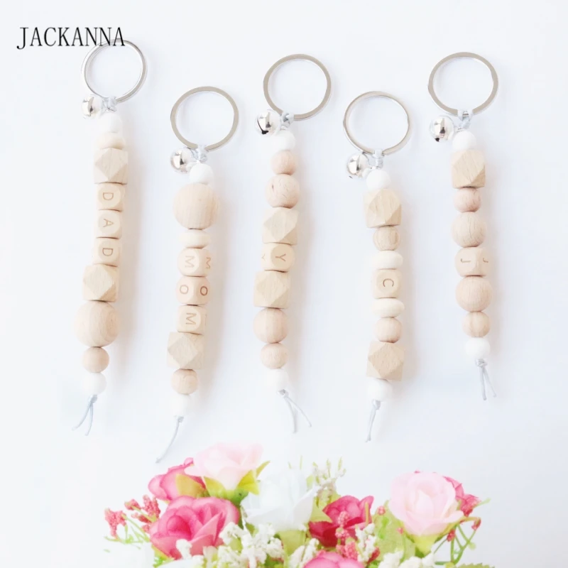 

Customized Name Beech Wood Beads Baby Teether Chain with Metal Key Ring, Wooden Key Chain, Mum/Dad Accessories for Baby BPA Free