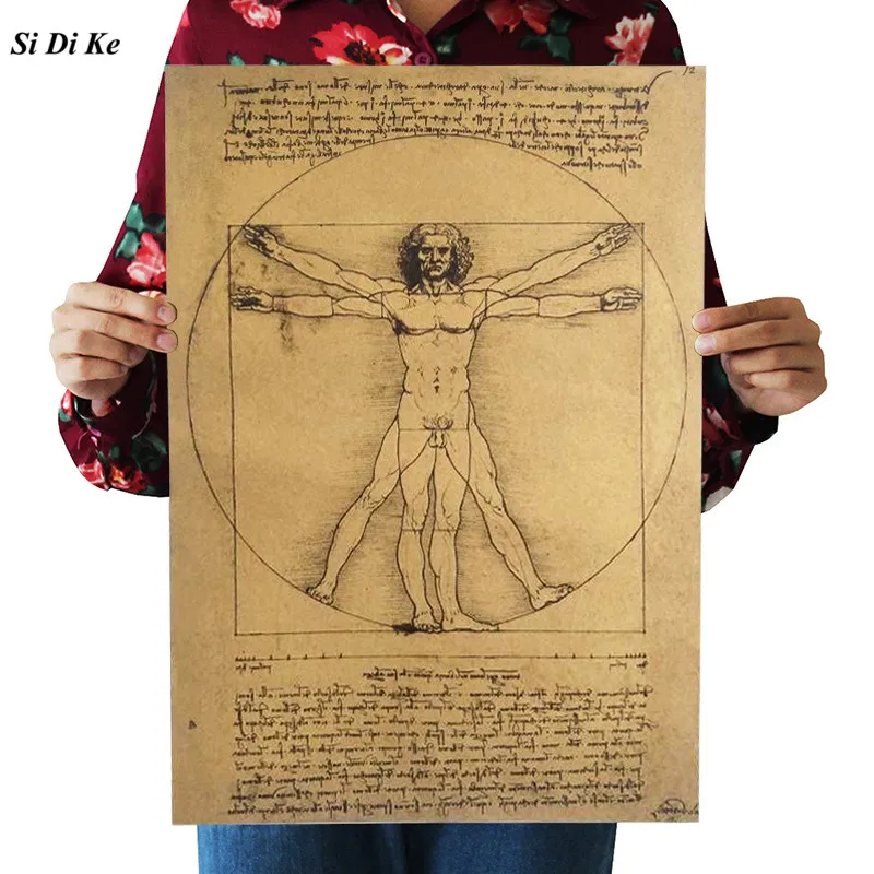 

Nostalgic Vintage Art Poster Leonardo Da Vinci Manuscript Vitruvian Man Posters Kraft Paper Wall Sticker Home Decor 51X35.5cm
