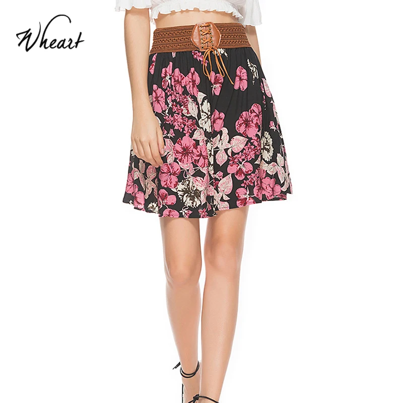 

Wasteheart 2018 New Women Fashion Red Ployester Chiffon Casual Flower Printed Skirts Hight Waist Mini Plus Size Big Size
