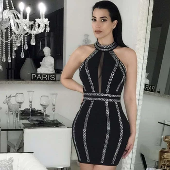 

Fashion Sleeveless Bodycon Bandage Dress High Quality Women Black Beading Evening Party Dresses Summer Sexy Vestidos Wholesale