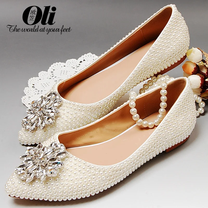 

Pointed toe ladies pearl flat heel single shoes white flat women's shoes rhinestone wedding shoes pearl shoes