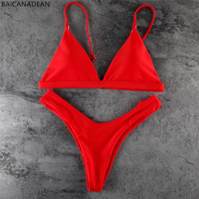 2019 Sexy Women Swimsuit Micro The New Plain Red Thong Bikini Set Bathing Suits With Halter