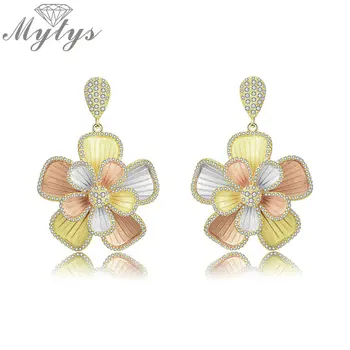 

Mytys Fashion Dazzling Flower Earrings Three Tones Rhinestones Copper Drop Earrings Wedding Jewelry For Bridal Lady Bijoux CE483