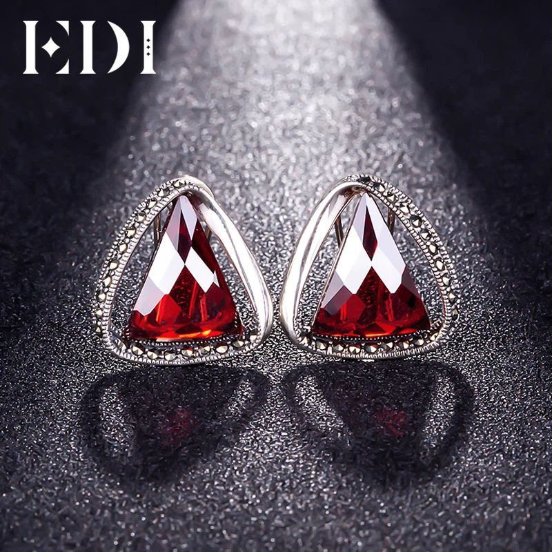 EDI 100% 925 Sterling Silver Retro Garnet Triangle Clip Earrings Female Fine Jewelry