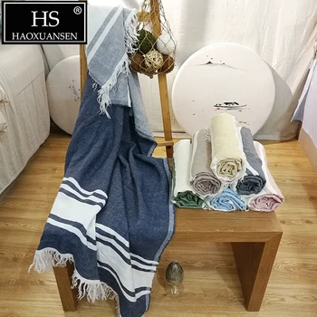 

1.5Kg Pure Linen Lightweight Blankets Blue Stripe Fringe 100% Natural Flax Linen Sofa Picnic Bed Throw Blanket 51 x 71 inches