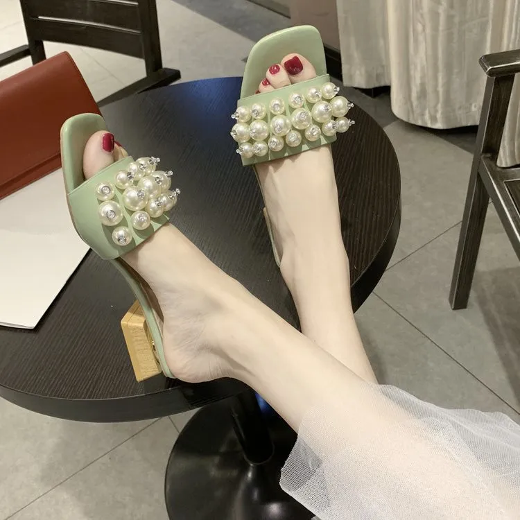 

Slides Shoes Without Heel String Bead Med Women's Slippers 2019 Sliders Flat New Luxury Summer Rubber Square heel