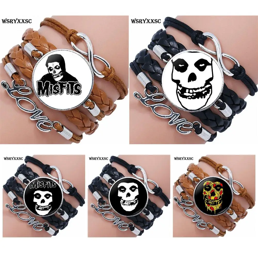 

For Women Wedding Gift Misfits Logo Fashion Jewelry Glass Cabochon Multilayer Black/Brown Leather Bracelet Bangle Women