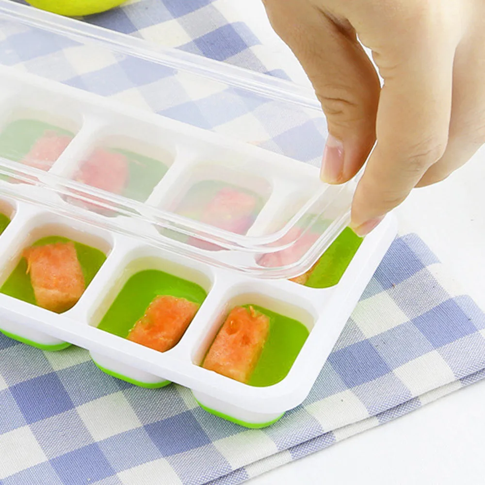 

1Pc Set 14 Ice Molds Covered Ice Cube Tray Flexible Rubber Plastic Stackable Green ice shape spoon for ice cream popsicle sticks