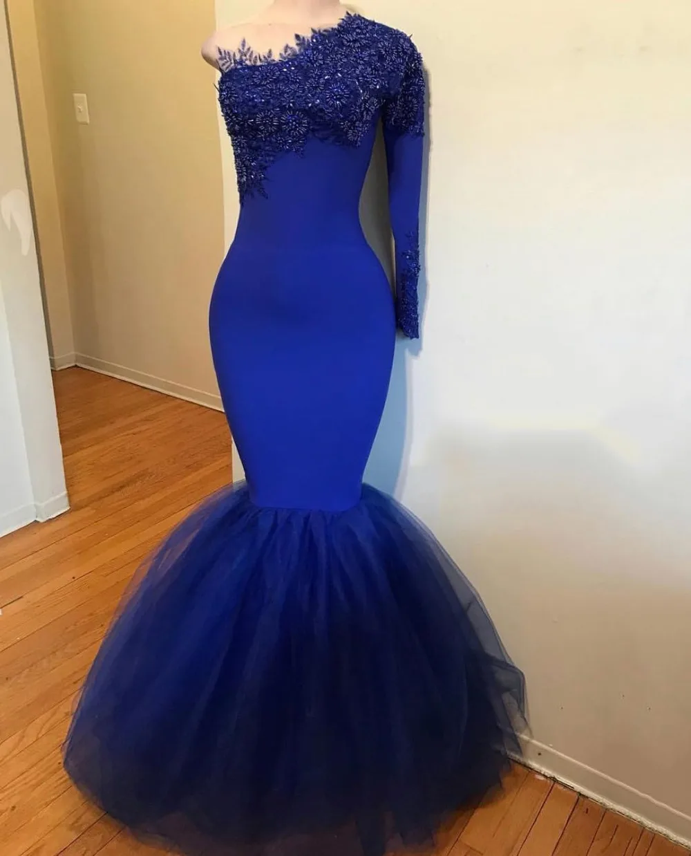 Beautifulinwhite Royal Blue Mermaid Prom Dresses One Shoulder Lace