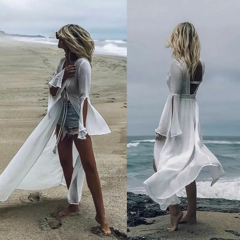 

Women Chiffon See- Through Bikini Long Cover Up Cardigan Swimwear Bathing Maxi Beach Dress Bikini 2019