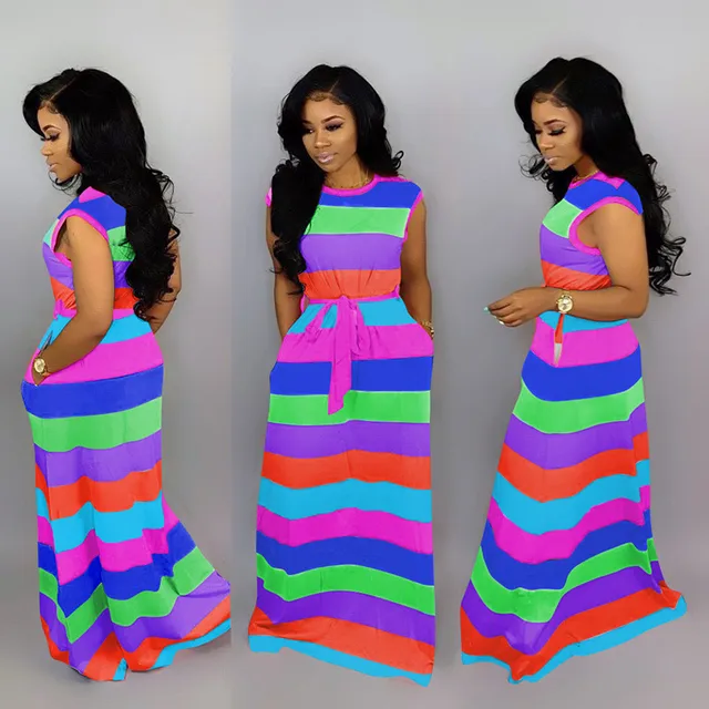 New Women Round Neck Short Sleeve Rainbow Stripes Cute Casual Loose Summer Dress