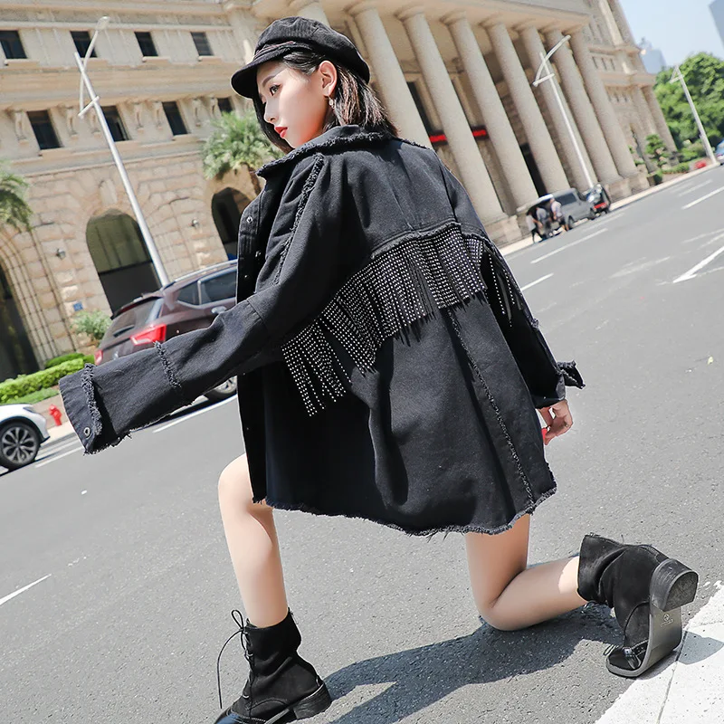 astounding 2019 Women Denim Jacket Coat Tassels Women Black Jackets Abrigo Mujer Tops For Women Chaquetas Muje