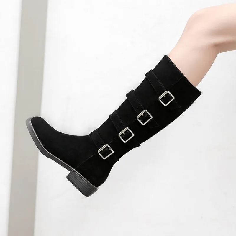 

US4-11 Women Pointed Toe Belt Buckle Knee Thigh High Boots Block Chunky Heel Side Zip Warm Winter Riding Shoes 3Colors Plus Size