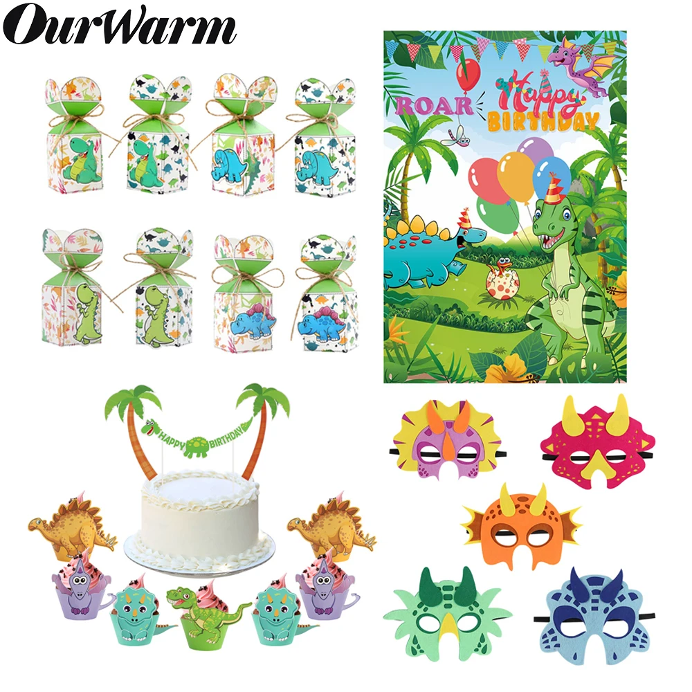 

OurWarm Dinosaur Party Kids Birthday Dinosaur Cupcake Wrapper Candy Box Gifts Dinosaur Mask Photography Backdrop Party Supplies
