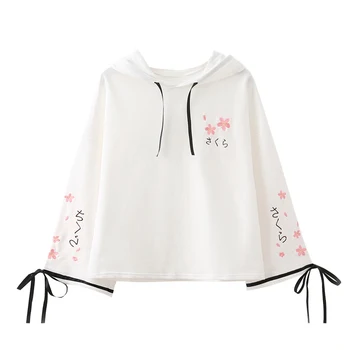 

Mori girl Japanese Autumn Sweatshirt New embroidery cherry bow flare sleeves hooded women bts short paragraph female crop top