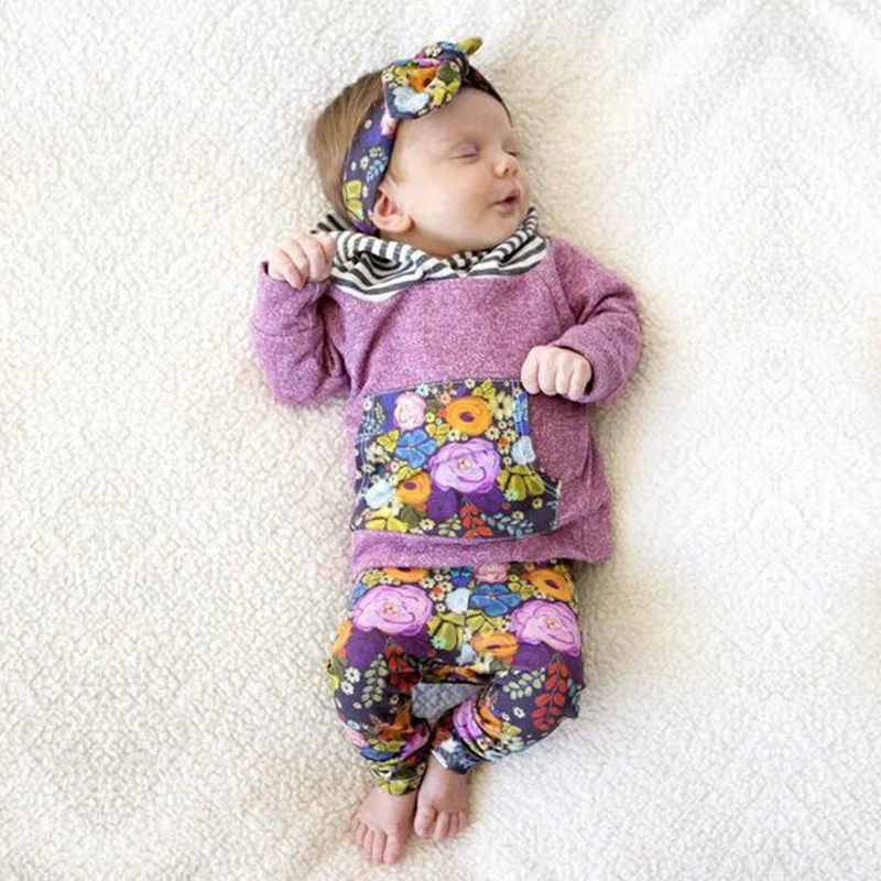 

KIDS TALES 2017 new children's wear stretch sweater purple floral long-sleeved piece stripe hat suit