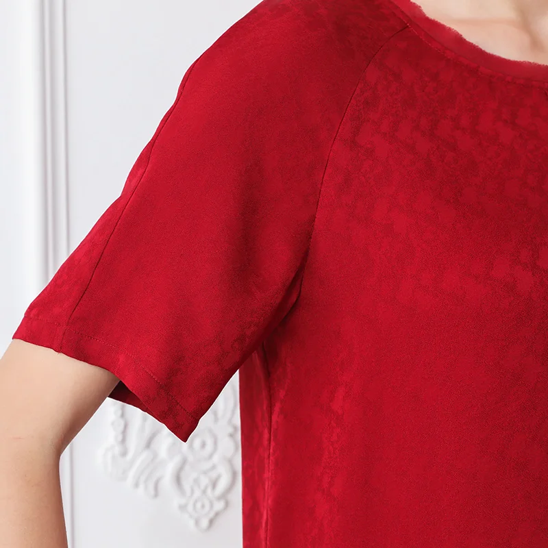 VOA шелковая футболка с коротким рукавом, Женский пуловер, женские топы, Повседневная футболка красного и бежевого цвета с круглым вырезом, простая свободная одежда, базовая Harajuku B688