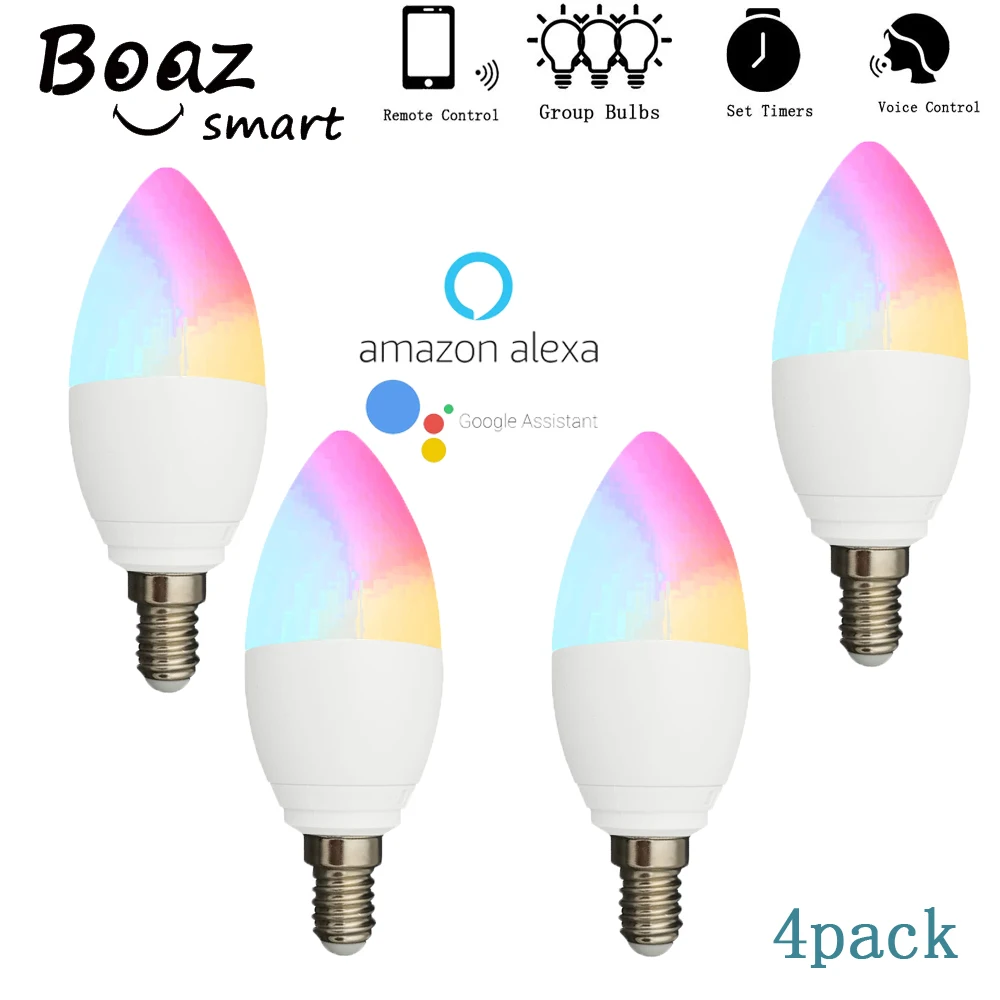 

BoazSmart E14 Led Candle Bulb Smart WiFi RGBW Light bulb Voice Control by Alexa Echo Google Home Tuya APP Remote Control 4pack