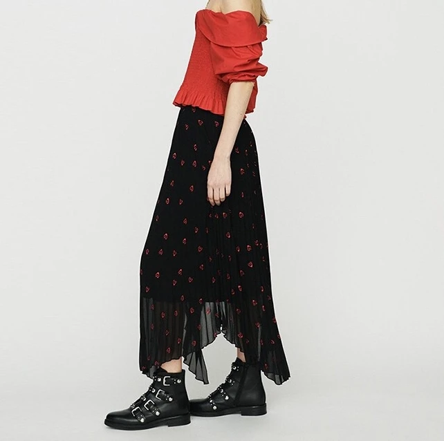 

2019 spring new fashion elastic waist red love heart embroidery women elegant pleated irrgular long skirts