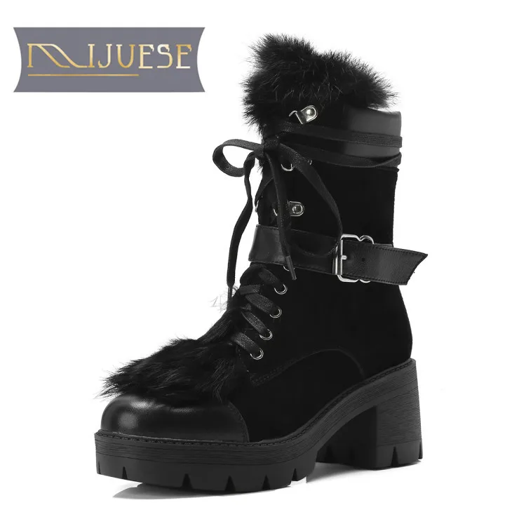 

MLJUESE 2019 women ankle boots cow leather buckle strap winter warm fur short plush square heel high heels women martin boots