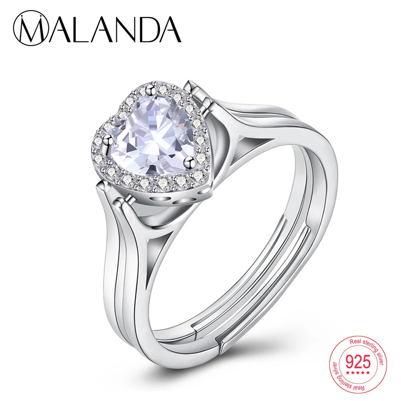 

MALANDA Brand Fashion White Heart Zircon flip Rings For Women 925 Sterling Silver Female Wedding Rings Jewelry Girl Gift 2018
