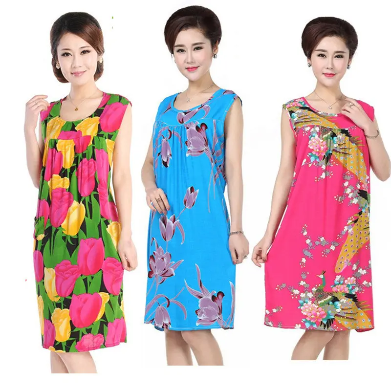 

Women Sleeveless Shoulder Cotton Mom Casual Nightgown Dress Coton Club Sleepwear Loose Vestido Size Home 2019 Spring Top Fashion