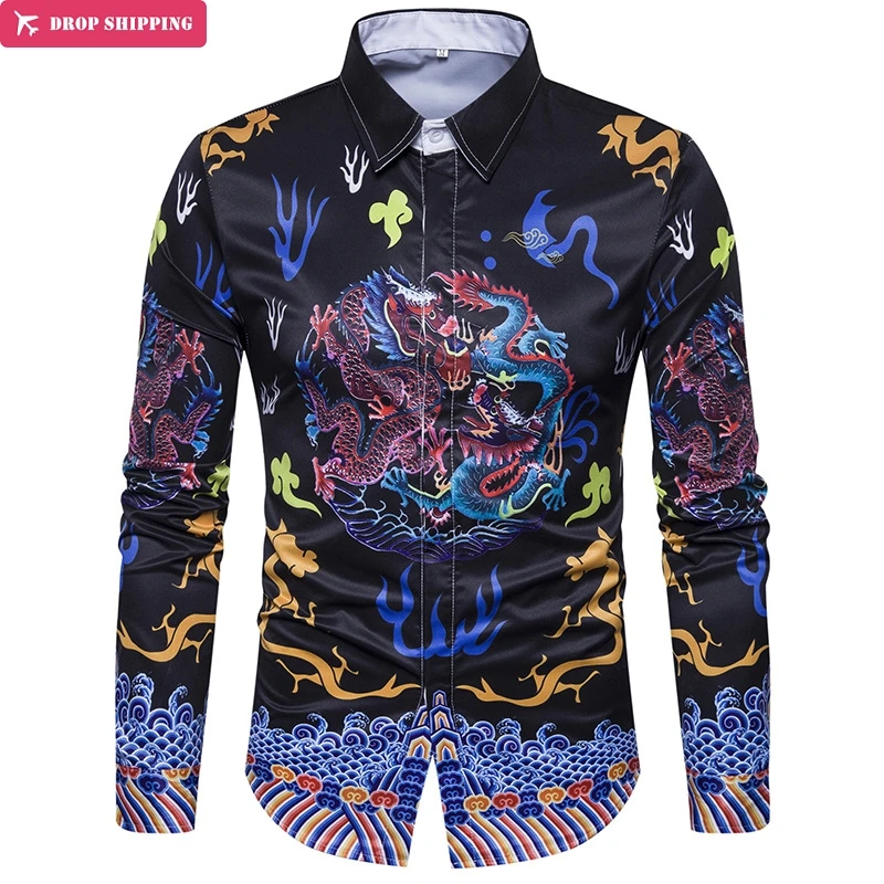 

European new men's 3D family name wind dragon stamp stamp pattern shirt C414
