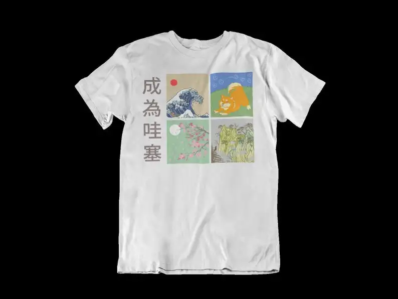 Новинка, летняя японская художественная рубашка, рубашка Шиба-ину, китайская художественная футболка, японская волна, японская вишня, эстетическая футболка
