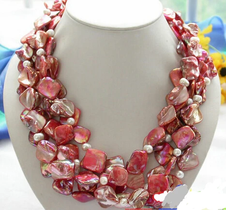 

4row 20" 18mm red square shell white pearl necklace AAA style Fine Noble real Natural free shipping