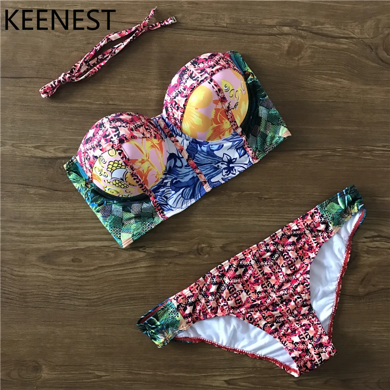 

KEENEST Rero Bandeau Bikinis Strapless Swimwear Women Swimsuit Bathing Suit Female Brazilian Bikini Set Push Up Biquini