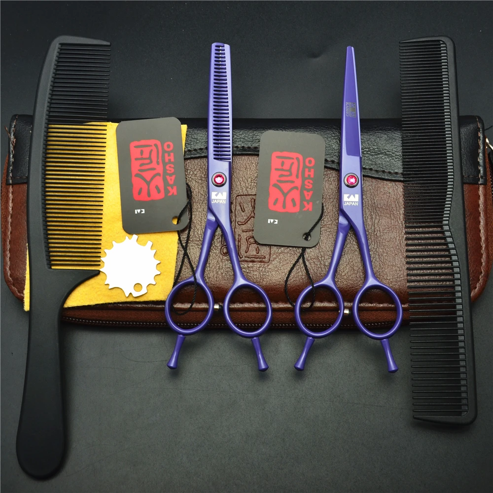 

4Pcs/Set 5.5'' Purple Japan Kasho Professional Human Hair Scissors Hairdressing Cutting Shears + Thinning Scissors + Combs H1012