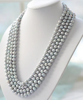 

4rows 7-8mm round GRAY Freshwater cultured pearl necklace Lovely Genuine 22-24inch Wedding women CZ Jewelry