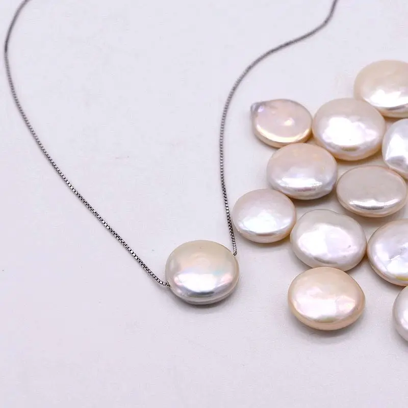 Ожерелье из стерлингового серебра в стиле барокко. Барочный жемчуг в натуральной форме монеты. 14-15 мм. Стерлинговое Серебро 925 пробы. Для женщин с жемчужным кулоном