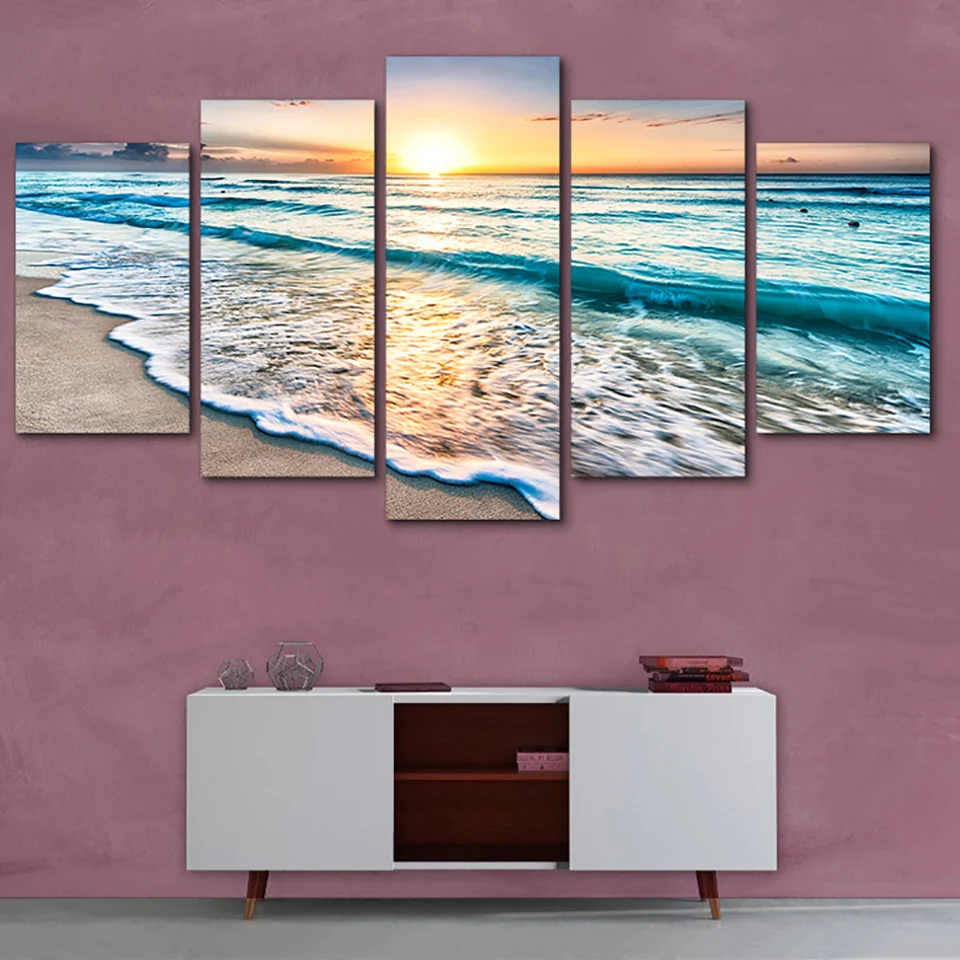 Tableau стены искусства HD Печать картины модульные плакаты картины холст 5 панель волны на пляже на закате морской пейзаж домашний Декор современный