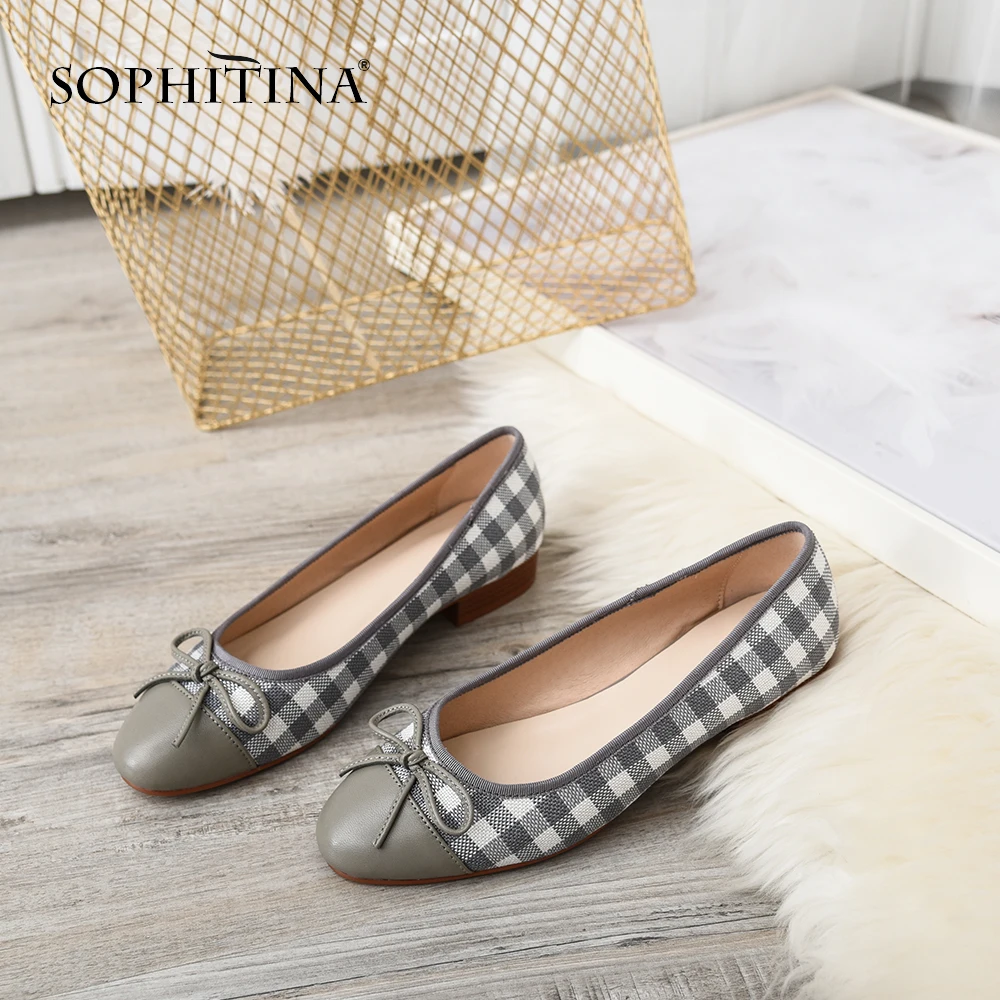 Slip Printemps Mo64 Chaussures La noeud Nouveaux Cuir À Arrondi Appartements sur gray pink Mode Sophitina En Champagne Color Vichy Papillon Décontracté Bout Véritable Main black De Pk8On0NwX