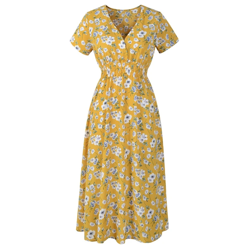 

Sexy Deep V-neck Floral Printed Dress Women Summer High Waist Short Sleeve Dresses 2019 Boho Beach Long Dress Female Vestidos